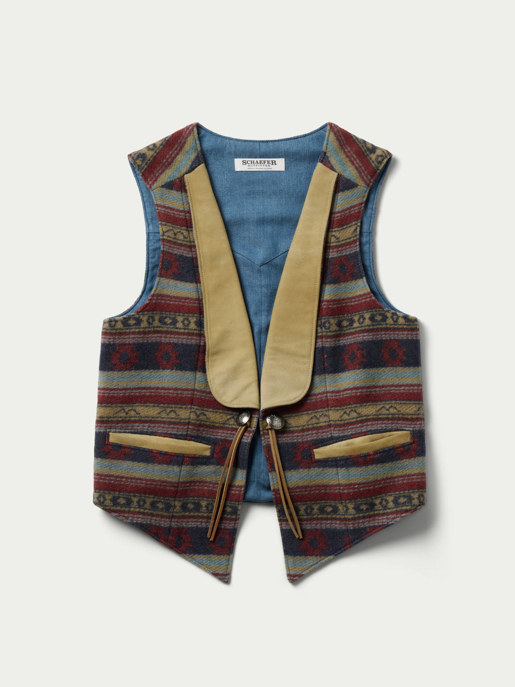 Women's patterned wool vest with V-neck, tan trim, tie belt at waist, button closure