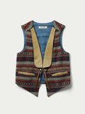 Women's patterned wool vest with V-neck, tan trim, tie belt at waist, button closure