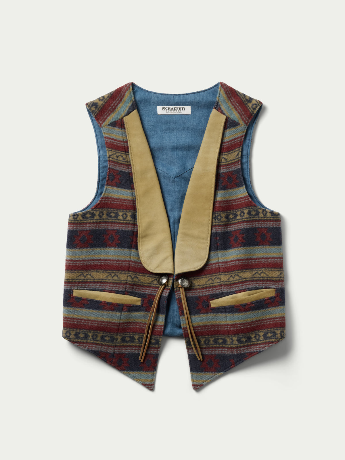 Women's patterned wool vest with V-neck, tan trim, tie belt at waist, button closure
