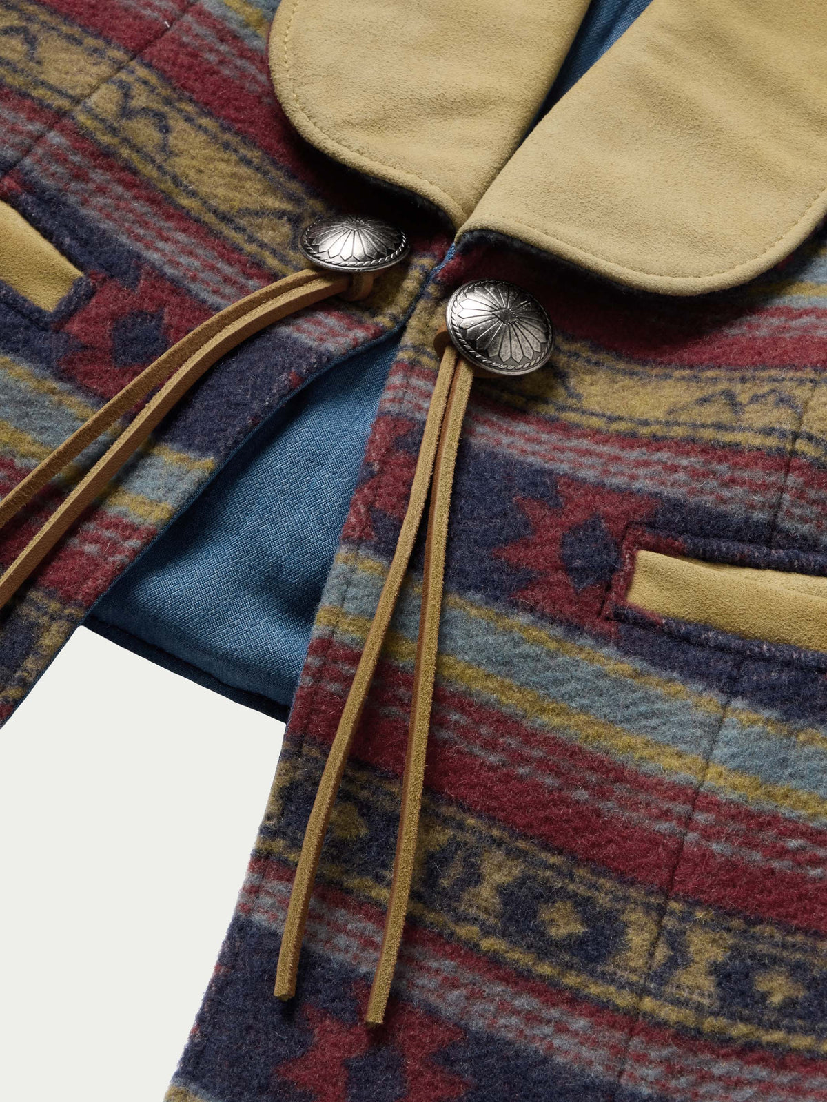 Wool vest collar and tie ends with round metal buttons; multicolor striped fabric