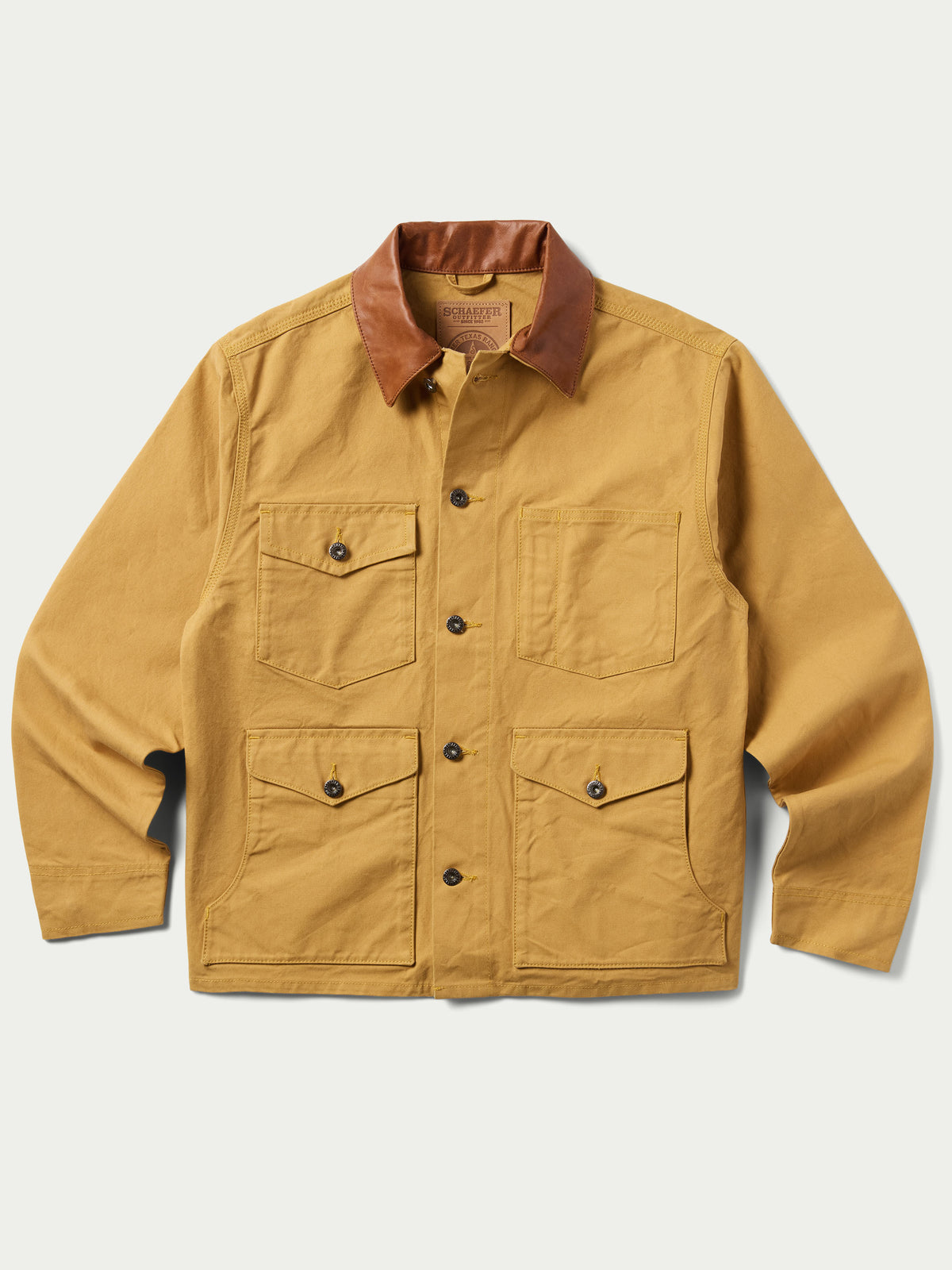 Suntan brush jacket with front flap pockets and snap button closure