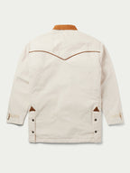 Natural drifter coat back view with tan collar and contrast trim, short flap pockets at hem.