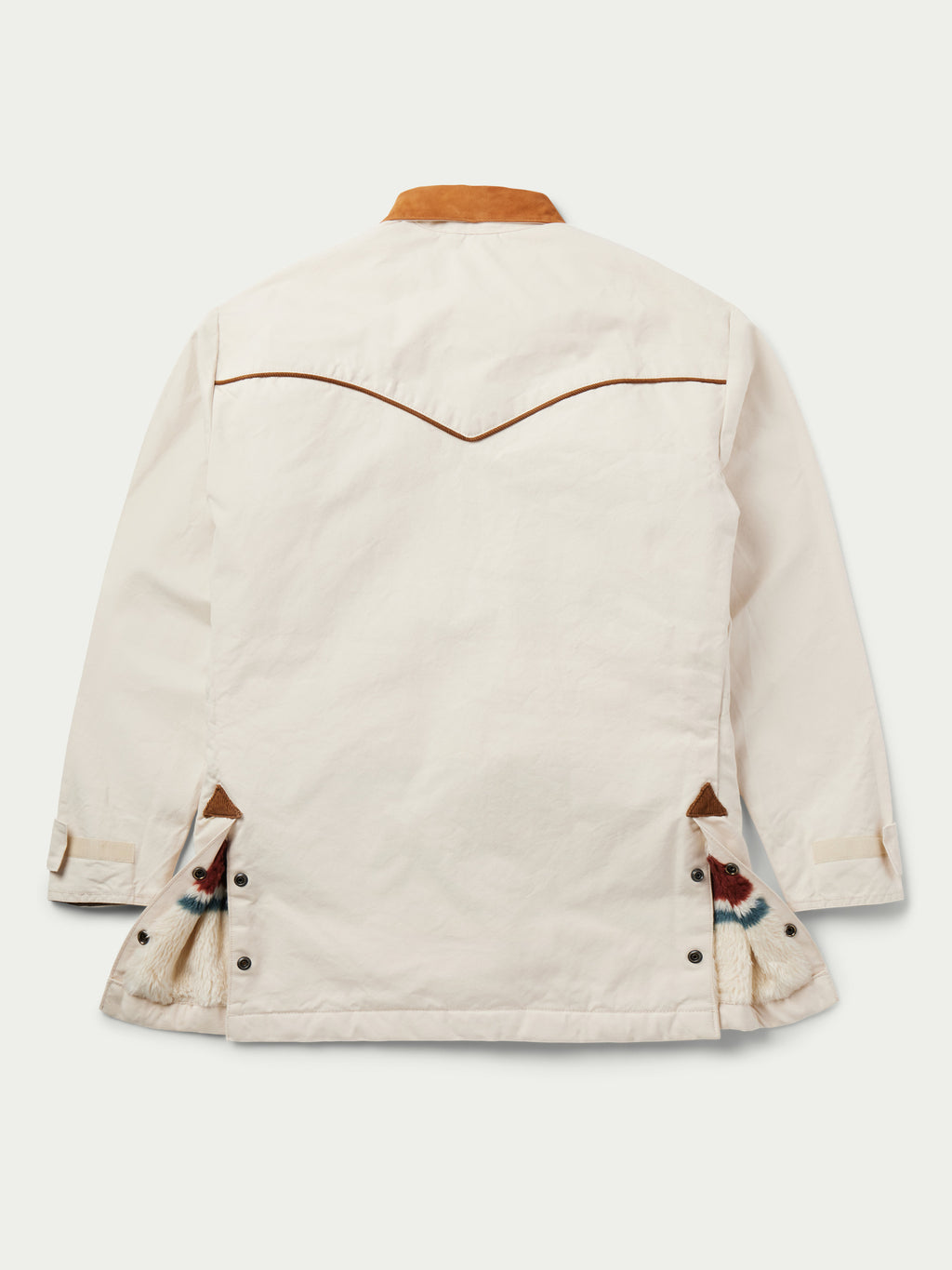 Natural drifter coat back view with tan collar, contrast trim, and two flap pockets at sides.