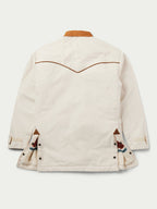 Natural drifter coat back view with tan collar, contrast trim, and two flap pockets at sides.