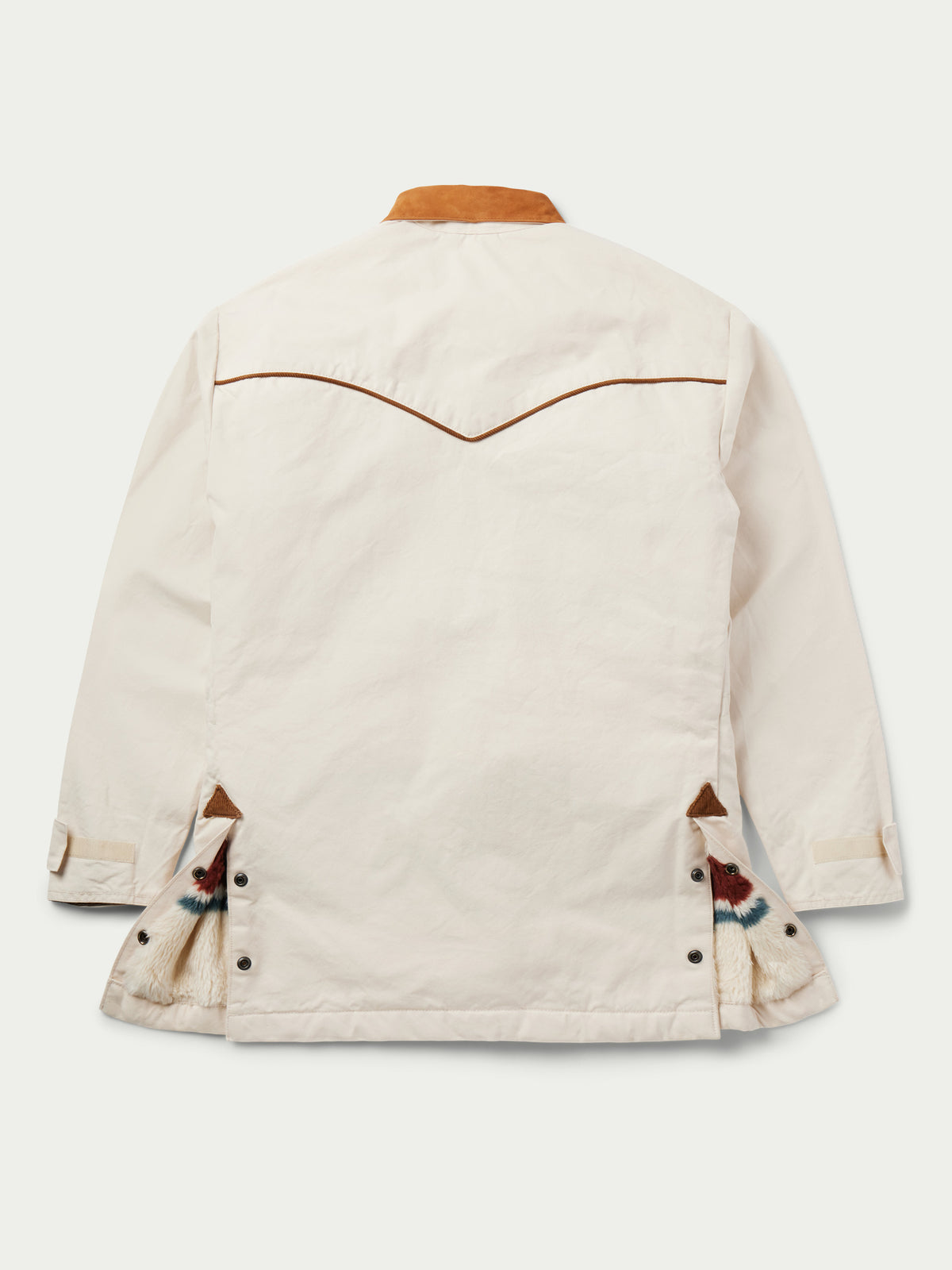 Natural drifter coat back view with tan collar, contrast trim, and two flap pockets at sides.