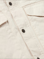 Natural drifter coat close-up of snap placket and buttons with contrast stitching.