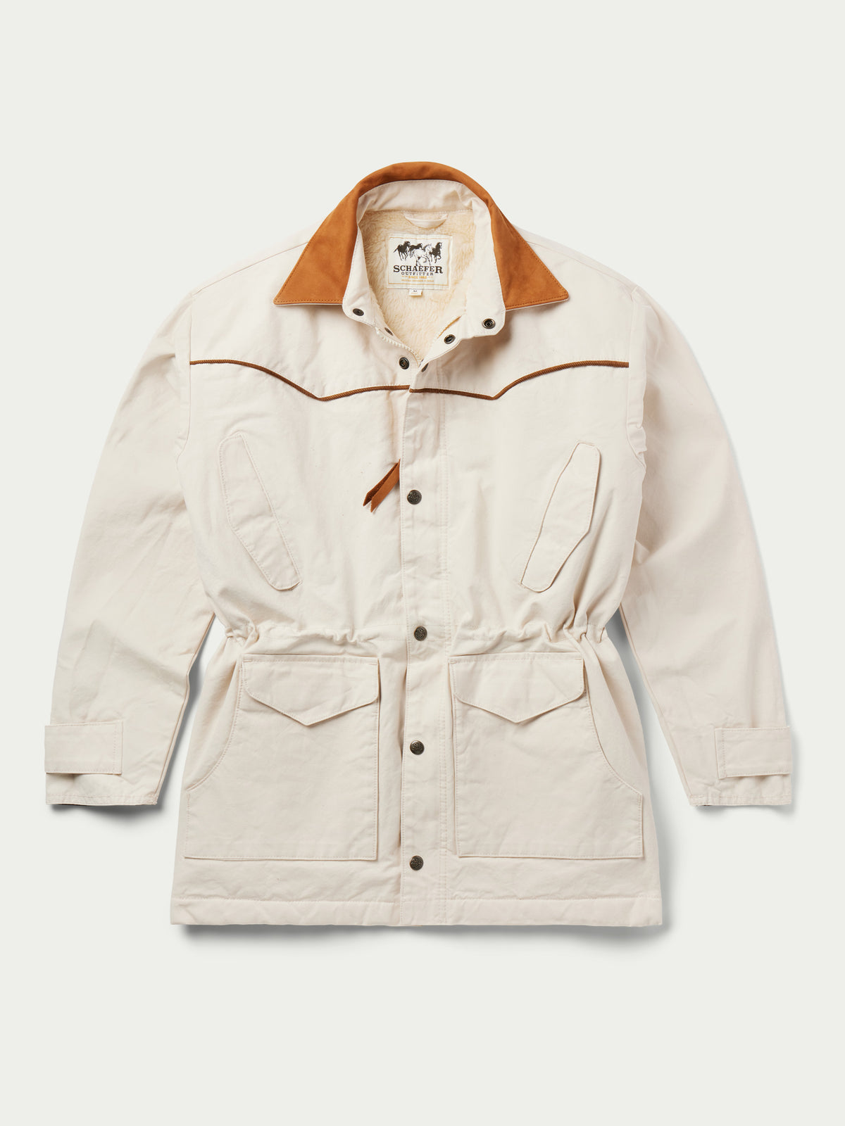 Natural drifter coat front view with tan collar, snap front, and two chest flap pockets.