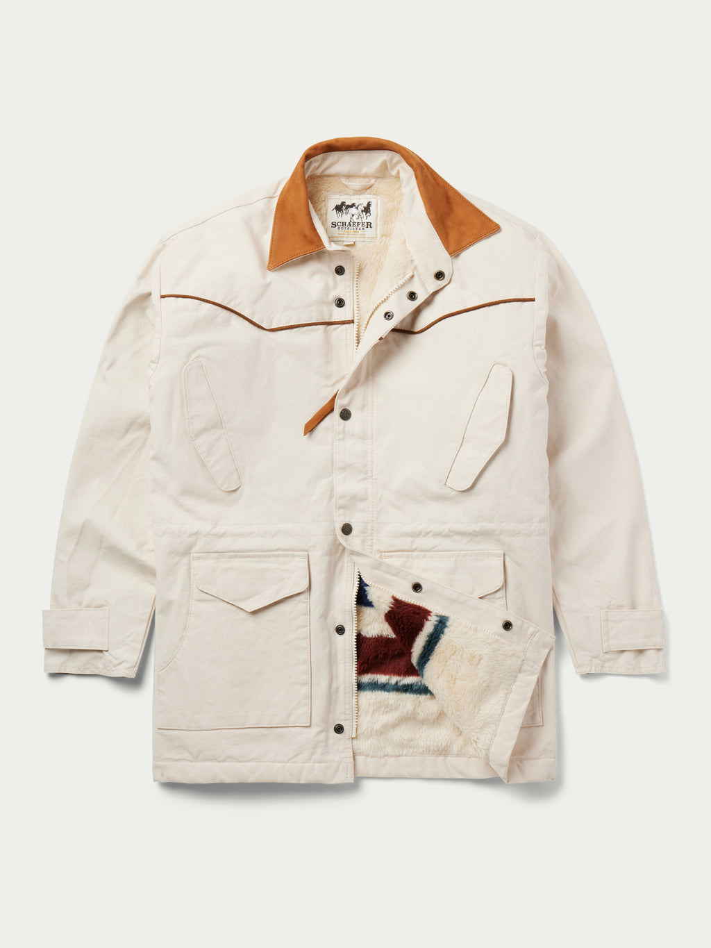 Natural drifter coat front view with tan collar, snap front, and multicolor chest graphic.
