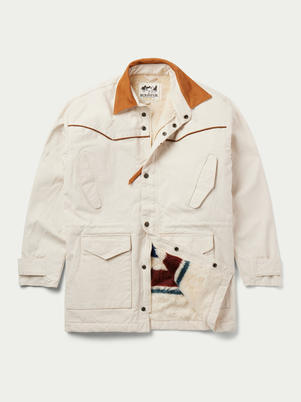 Natural drifter coat front view with tan collar, snap front, and multicolor chest graphic.