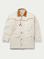 Natural drifter coat front view with tan collar, snap front, and symmetrical chest flap pockets.