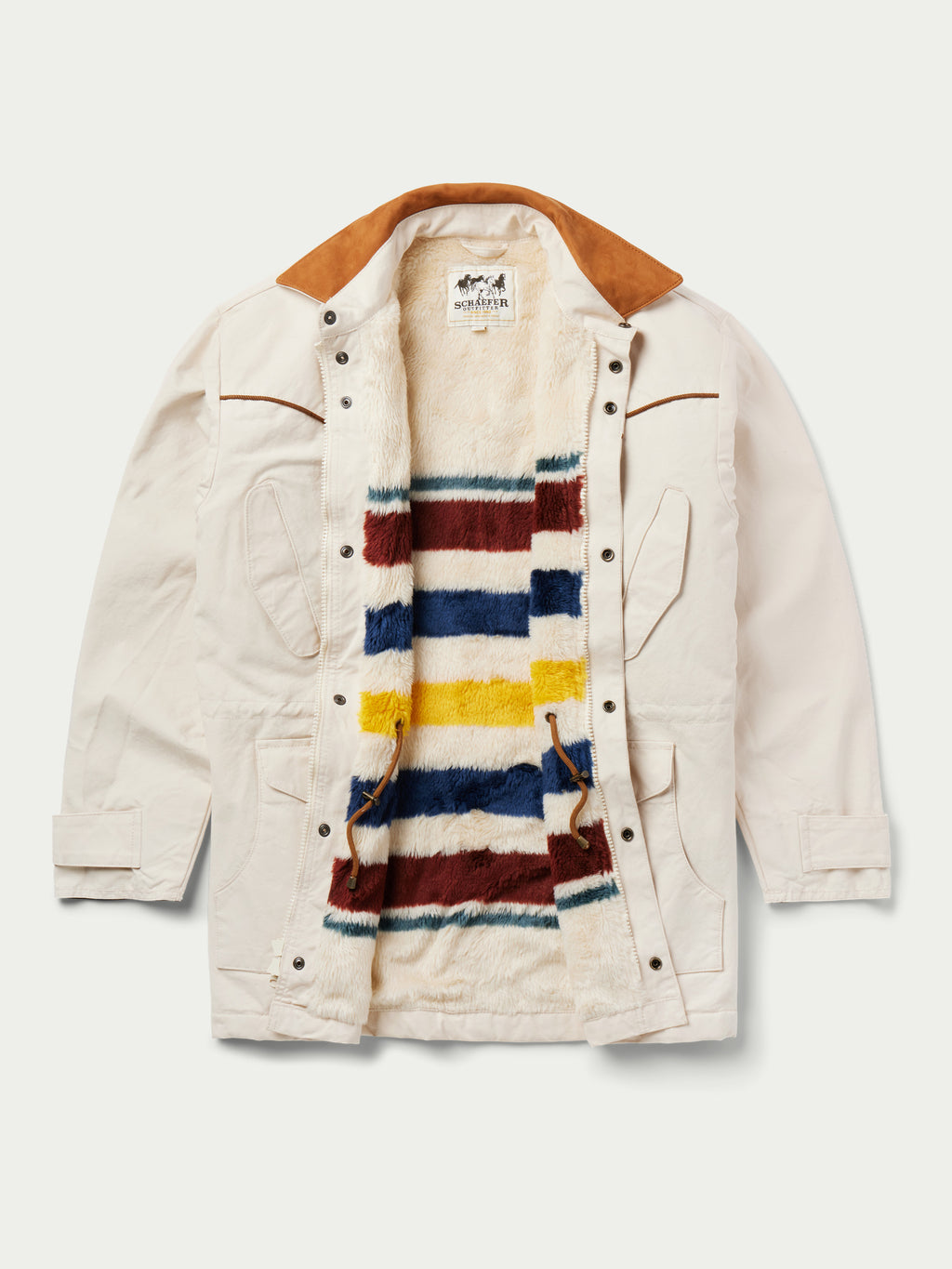 Durango Drifter coat in natural canvas with brown hood lining and multicolor striped yoke