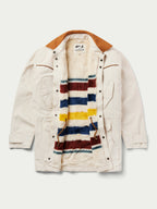 Durango Drifter coat in natural canvas with brown hood lining and multicolor striped yoke
