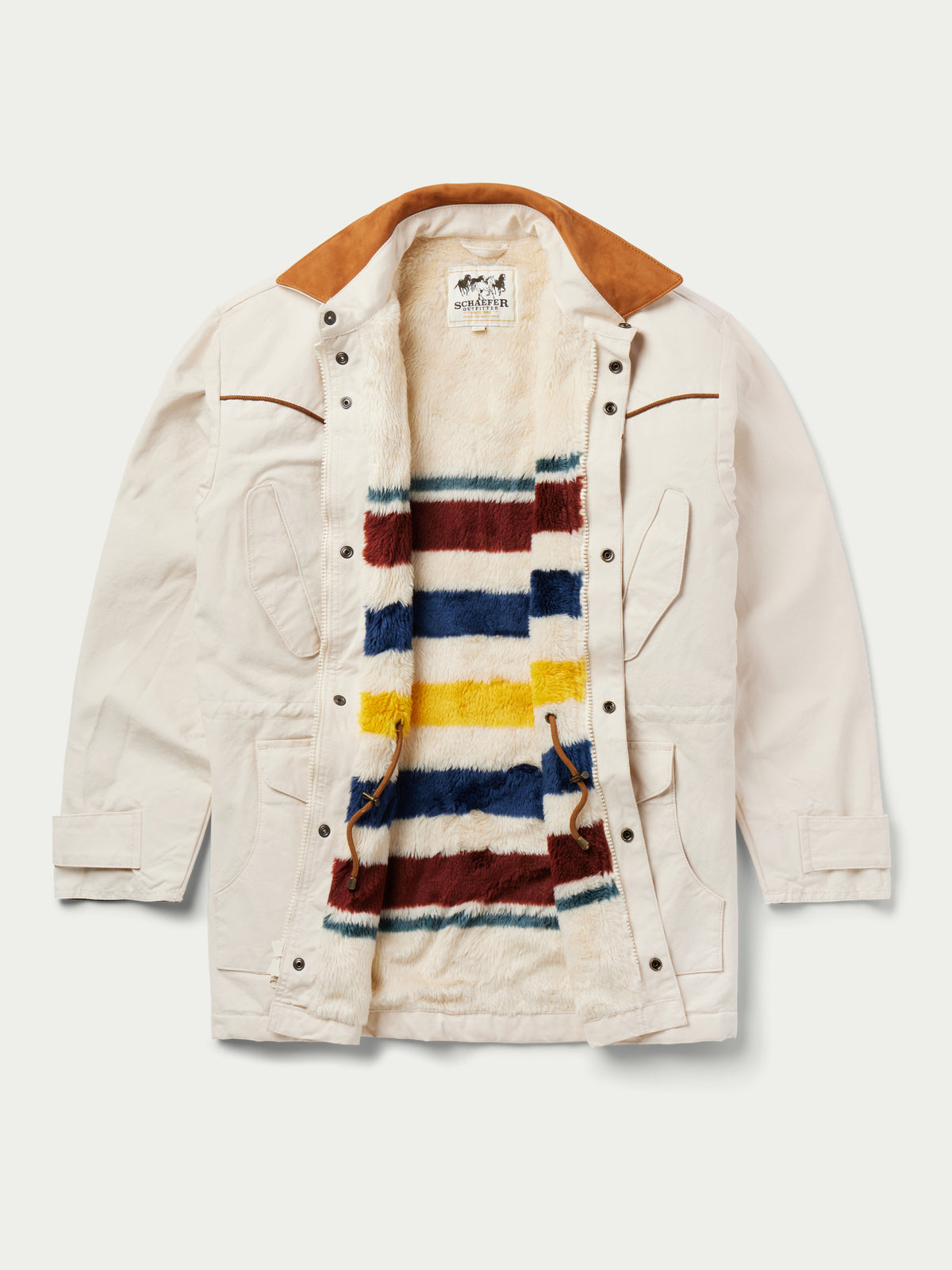 Durango Drifter coat in natural canvas with brown hood lining and multicolor striped yoke