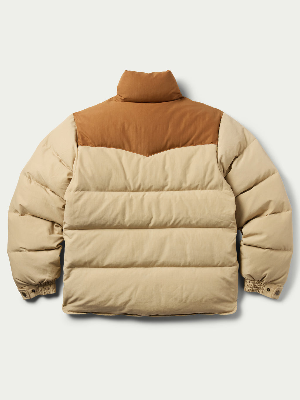 Tan and cream color-block down jacket with stand collar and quilted baffles