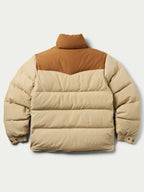 Tan and cream color-block down jacket with stand collar and quilted baffles