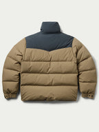 Camel and dark navy puffer down jacket with hood and quilted paneling