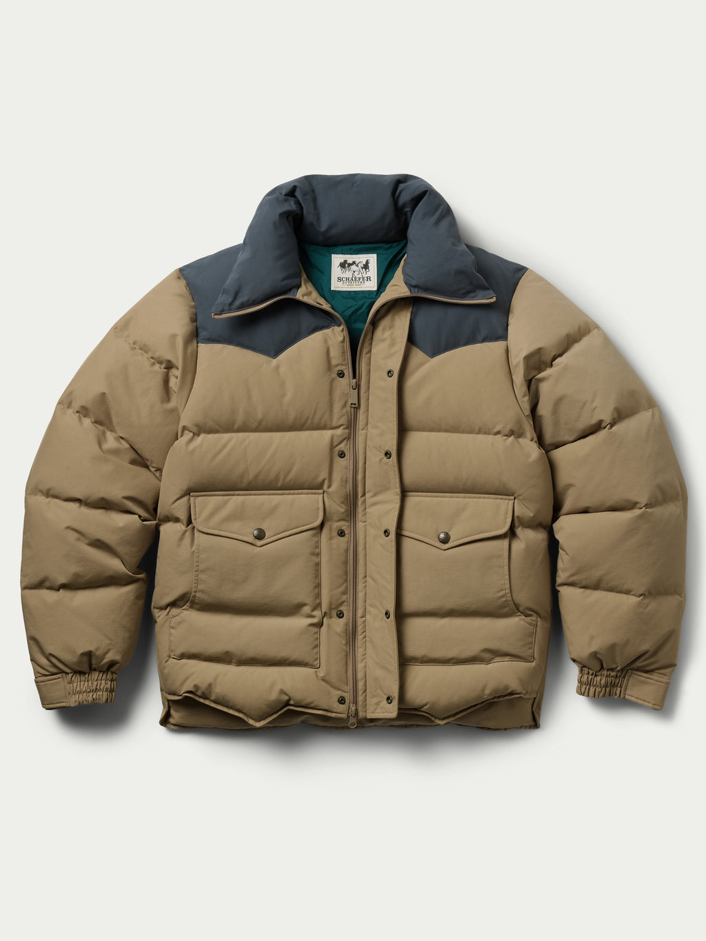 Camel and dark navy puffer down jacket with stand collar and front snap pockets