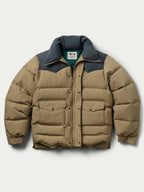 Camel and dark navy puffer down jacket with stand collar and front snap pockets