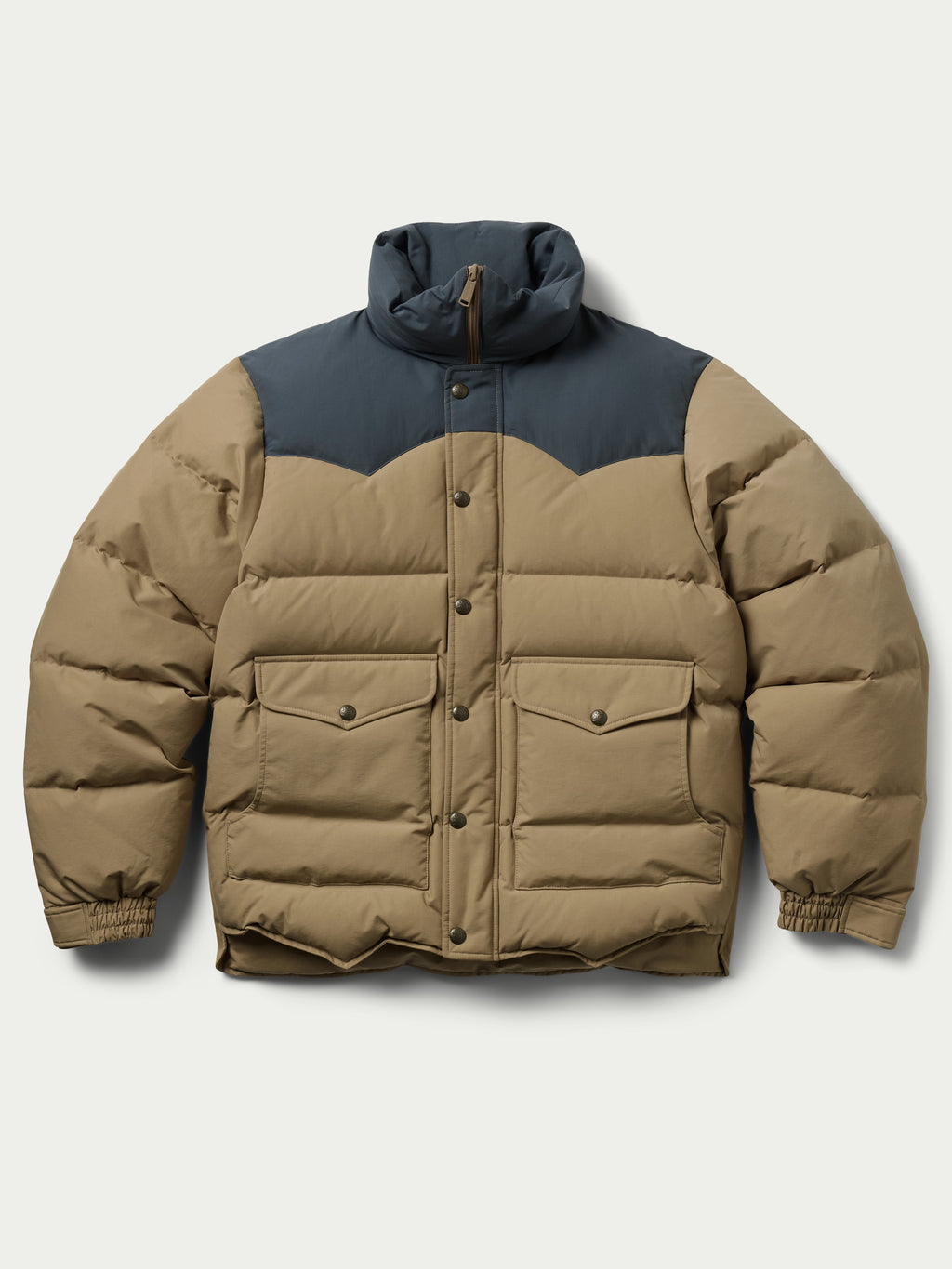 Camel and dark navy down jacket with hood, front placket, and quilted insulation