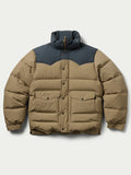 Camel and dark navy down jacket with hood, front placket, and quilted insulation