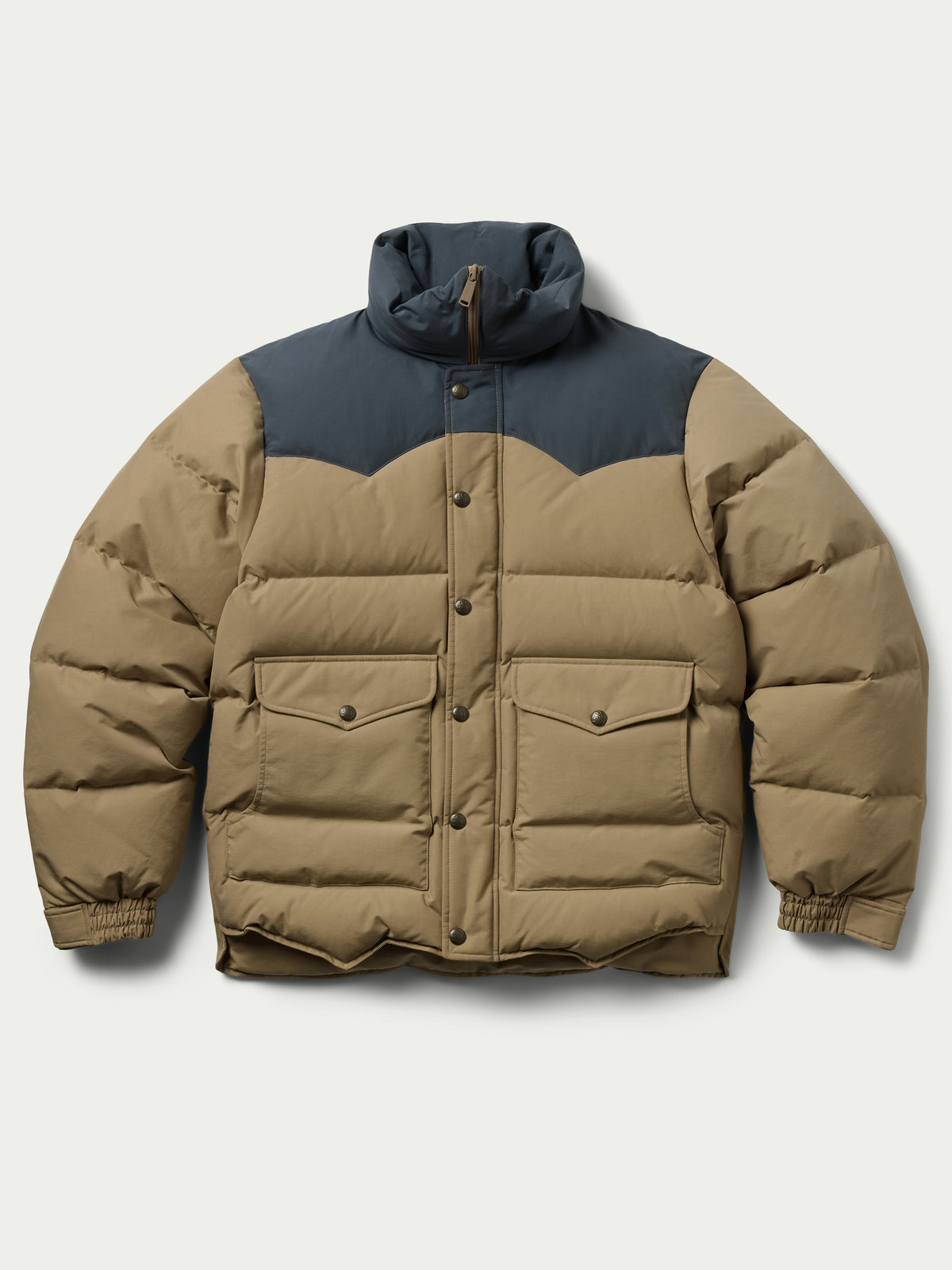 Camel and dark navy down jacket with hood, front placket, and quilted insulation