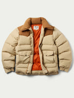 Tan and cream down jacket with hood, snap front, and visible orange lining