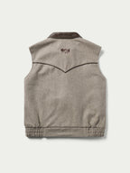 Taupe wool vest with stand collar, curved yoke seam, embroidered logo on back