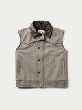 Taupe wool vest with button front, stand collar, and chest pockets; dark leather trim