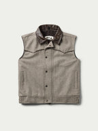 Taupe wool vest with button front, stand collar, and chest pockets; dark leather trim