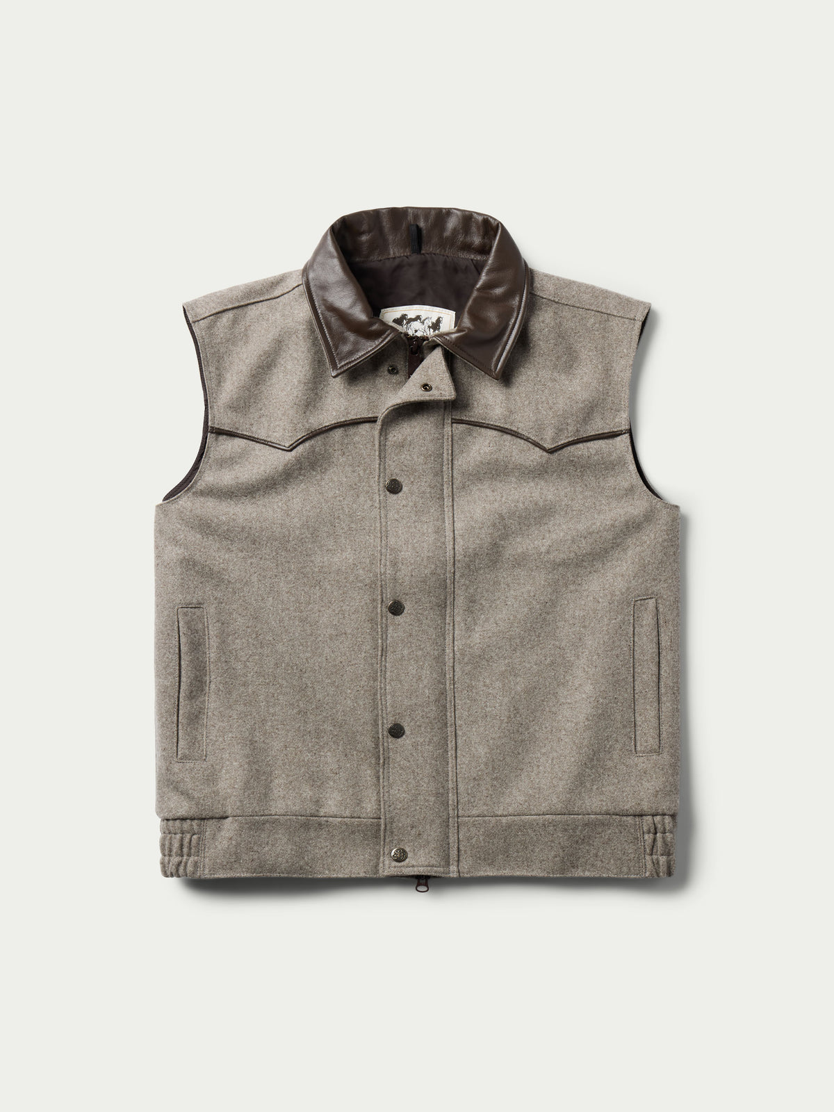 Taupe wool vest with button front, stand collar, and chest pockets; dark leather trim