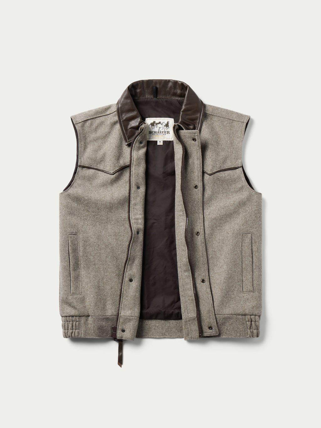 Taupe wool vest front view with stand collar, snap buttons, and chest pockets
