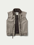 Taupe wool vest front view with stand collar, snap buttons, and chest pockets