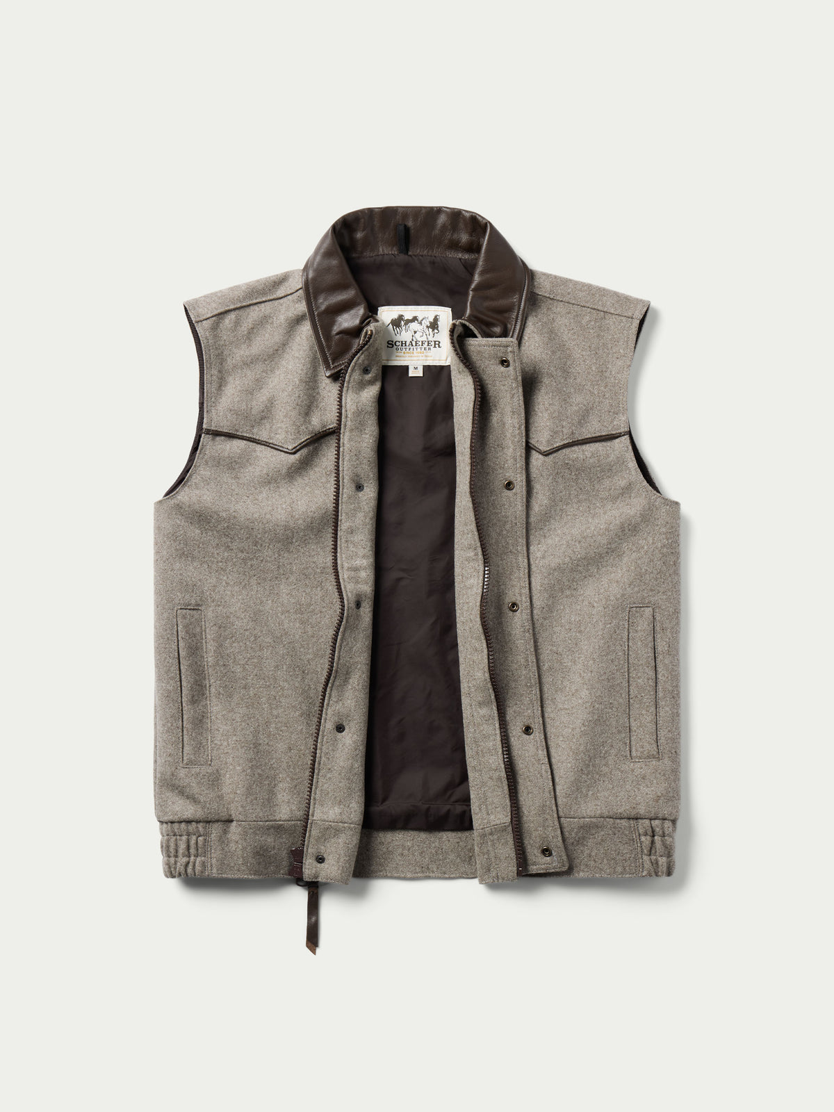 Taupe wool vest front view with stand collar, snap buttons, and chest pockets