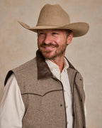 Taupe wool vest close-up with stand collar and button placket