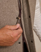 Taupe wool vest interior zipper with leather pull tab