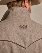 Taupe wool vest back with embroidered logo and contrast yoke trim