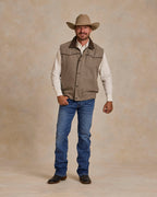 Taupe wool vest with button front and pointed collar