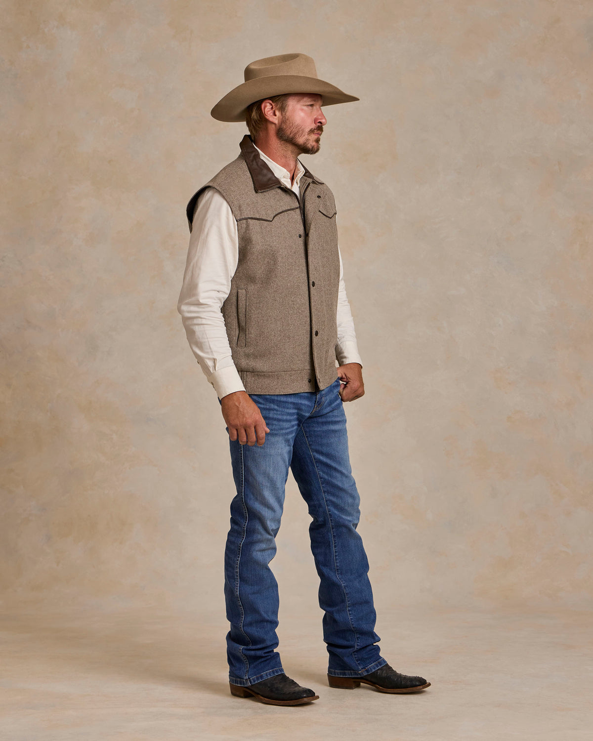 Taupe wool vest with stand collar and button front