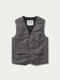 McAllin wool vest in heather gray windowpane plaid, V-neck and front patch pockets