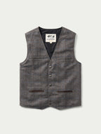 McAllin wool vest in heather gray windowpane plaid, V-neck and front patch pockets