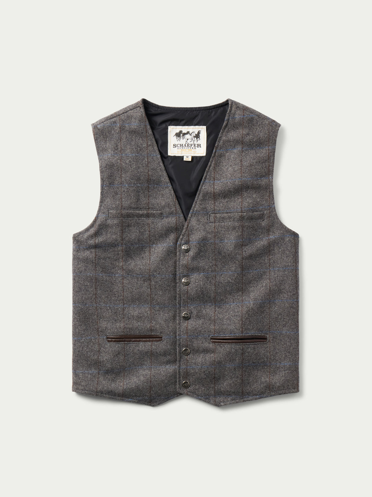 McAllin wool vest in heather gray windowpane plaid, V-neck and front patch pockets