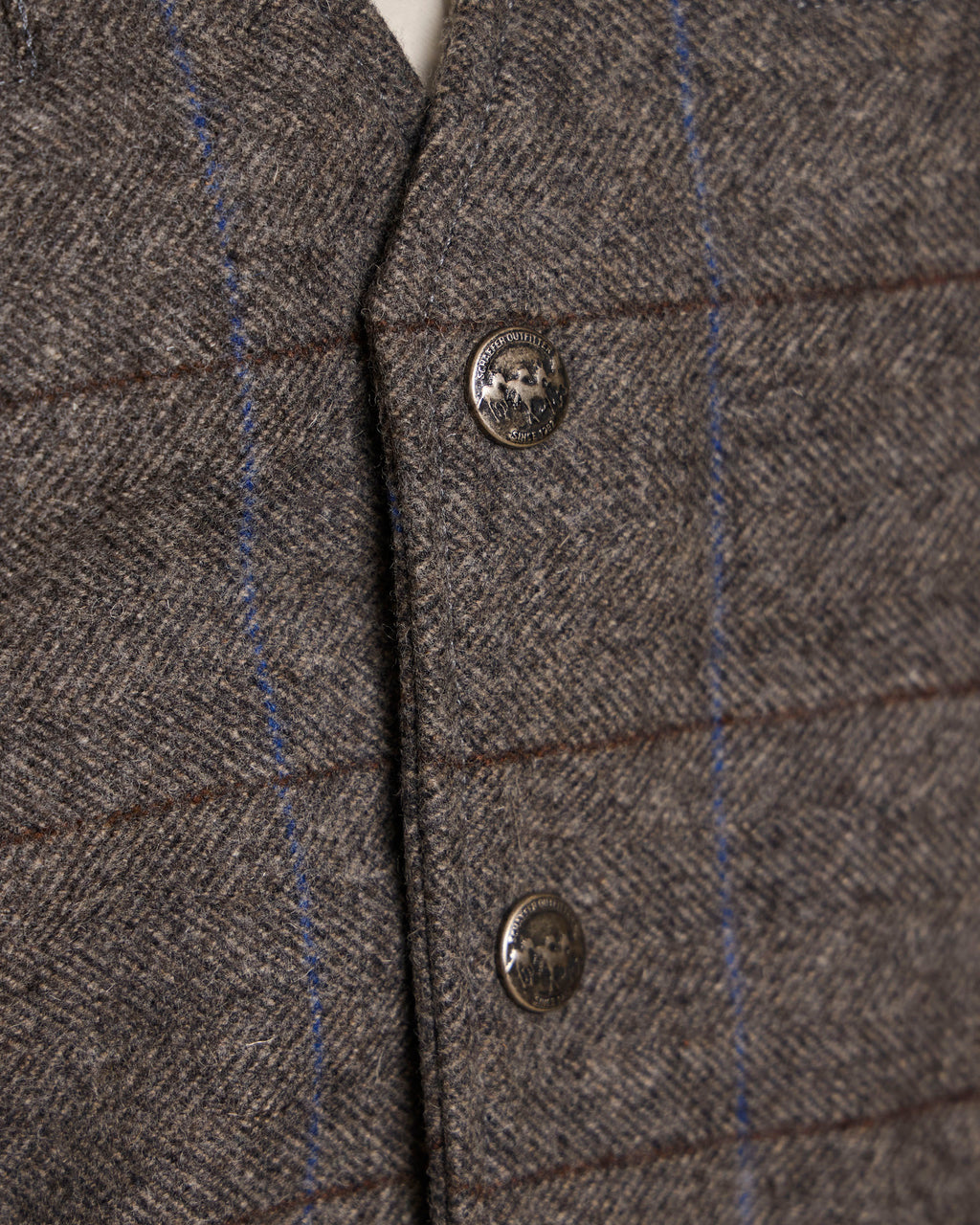 Heather gray windowpane wool vest with V-neck, button front, and flap pockets