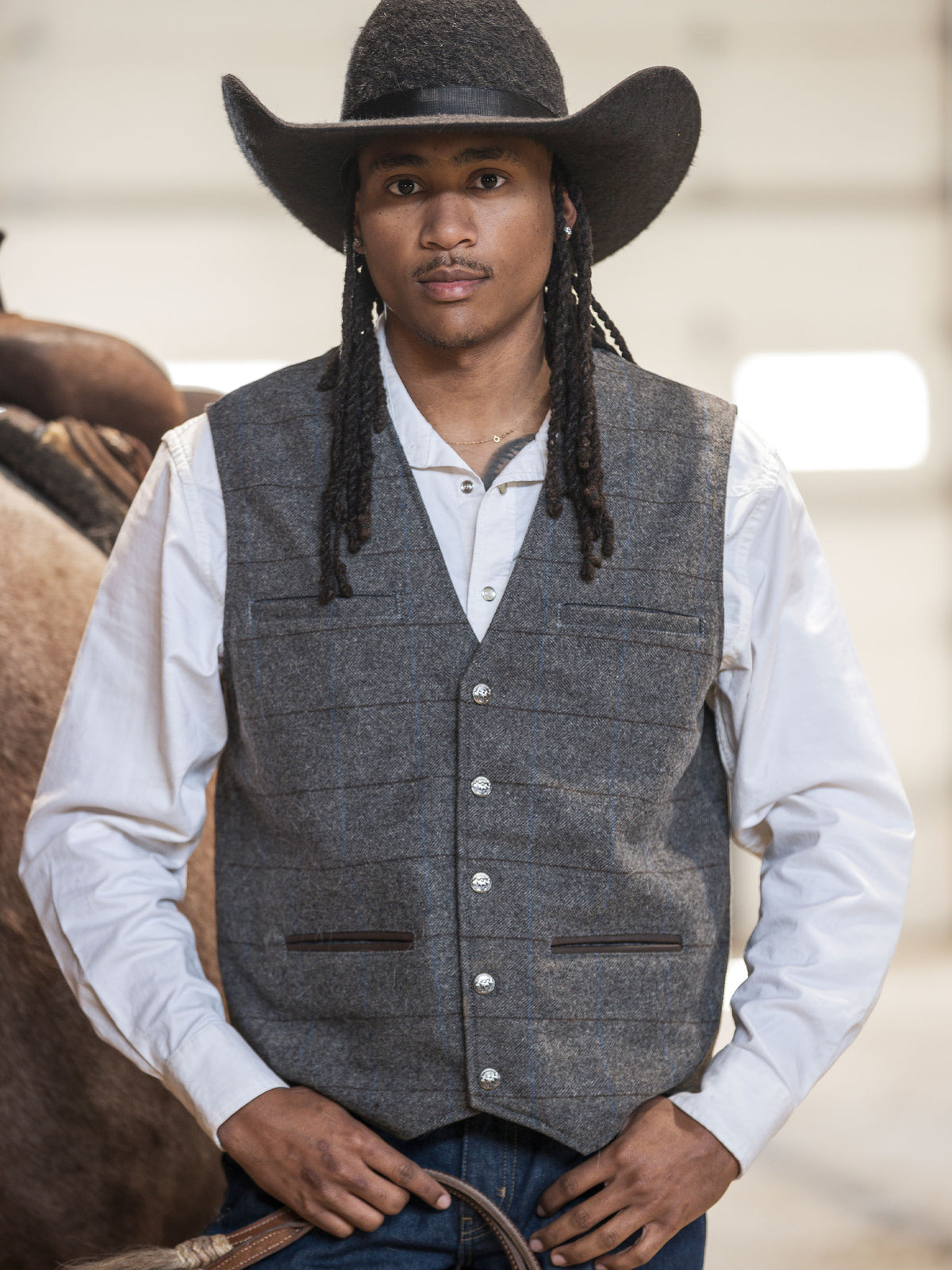 McAllin wool vest in heather gray windowpane plaid with button front and patch pockets