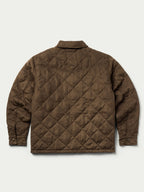 Brown quilted microsuede jacket with stand collar and diamond stitch pattern, snap closure.