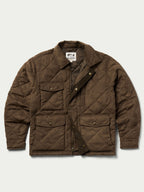 Brown quilted microsuede jacket with four-pocket layout, snap front, and stand collar.