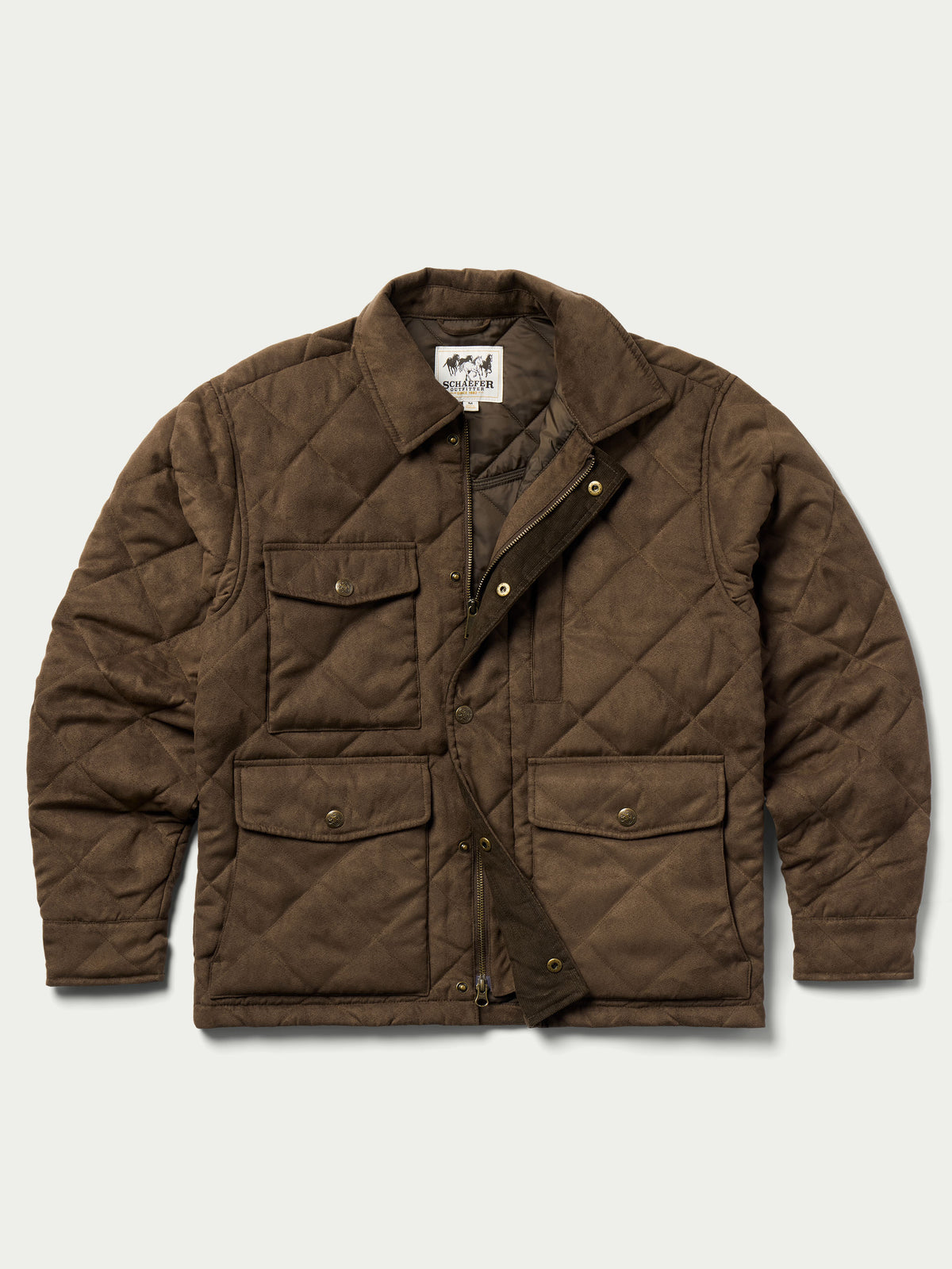 Brown quilted microsuede jacket with four-pocket layout, snap front, and stand collar.