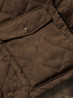 Close-up of brown quilted microsuede jacket chest pocket with metal snap buttons.