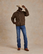 Brown quilted microsuede jacket with stand collar and button pockets, full front view