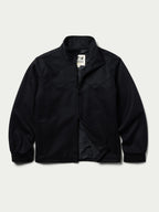 Black wool arena jacket front view with full-length zipper and pocket seams