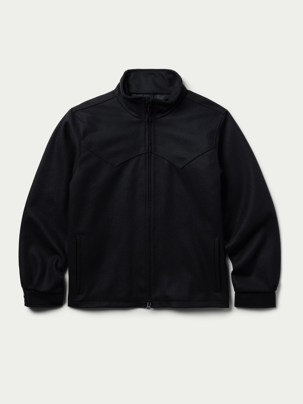 Black wool arena jacket front view with stand collar and side pockets